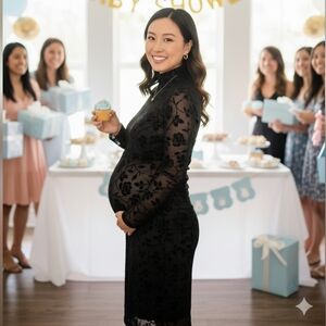 Paisley Sky Maternity Dress Black Floral Sheer bodycon Stretchy Baby Shower Med